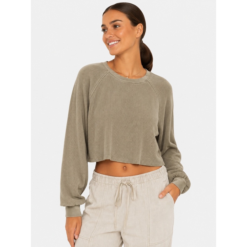 THE RANGE Cotton Cropped Waffle Knit Long Sleeve Top Tan Beige S